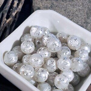 Vintage Retro Gray Silver Stars 12mm Round Acrylic Shabby Chic Beads 10 pcs